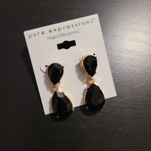 Black Rhinestone Double Teardrop Statement Earrings in Gold Tone